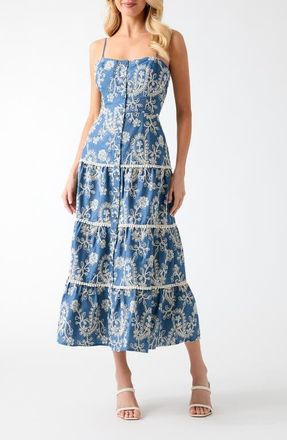 Guess Evelyn Eyelet Embroidery Midi Dress in Blue Multi at Nordstrom, Size X-Small