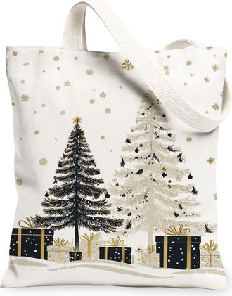 Generic Christmas Trees Canvas Tote Bags, Elegant Holiday Design Reusable Bags, Winter Vintage Washable Shoulder Strap Canvas for Travel Picnic 13x15 Inch