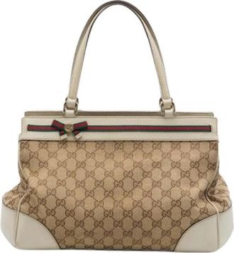 Gucci Pre-owned Canvas Tote Bag - Dames - Vintage Handtas - Beige - ONE Size - Leer - Vintage