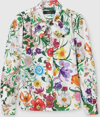 Gucci Printed Silk Twill Shirt With Bow, White