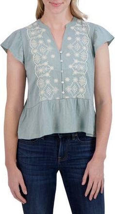 Lucky Brand Embroidered Flutter Sleeve Cotton Top in Sage at Nordstrom Rack, Size X-Large