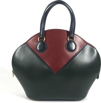 Herm&egrave;s Green Navy Wine Box Calf Leather Handbag Tote Bag (Pre-Owned)