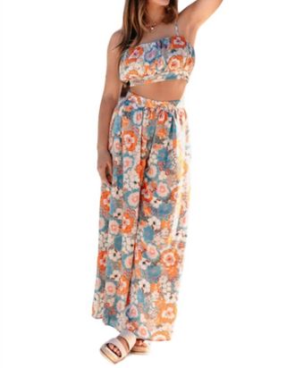 FORE COLLECTION Harmony Flower Power Crop Top & Flare Pant Set In Blue/orange