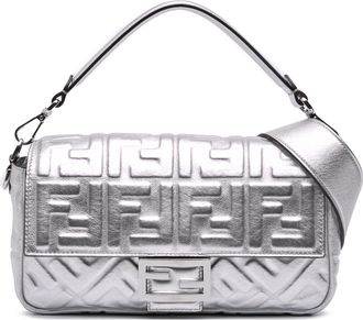 Fendi Silver Zucca Embossed Leather Baguette Satchel