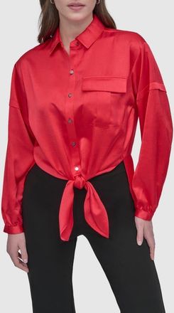 DKNY Tie Front Satin Shirt in Watermelon at Nordstrom, Size X-Large