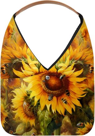 Generic Bloom Sunflowers Bees Reusable Lightweight Grocery Bags - Foldable Into Compact Pouch, Washable & Sturdy, Multipurpose for Shopping and Travel