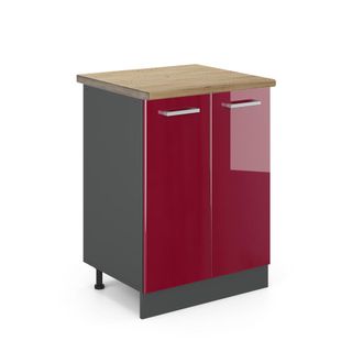 Vicco Mueble Bajo De Cocina R-line, Rojo Burdeos Alto Brillo, 60 Cm, Et Roble