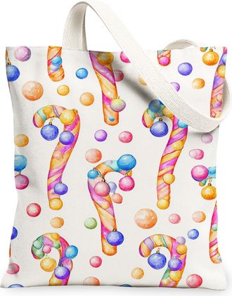 Generic Colorful Candy Cane Canvas Tote Bags, Fun Holiday Pattern Reusable Shopping Bags, Lightweight Washable Eco-Friendly Shoulder for Grocery Travel Beach 