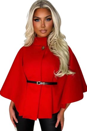Femme Luxe Womens High Neck Cape Coat, Belted Waist, Mid-Thigh Length, Flowing Cape Sleeves, Available UK Sizes 8 to 12, Multicolour (UK, Numeric, 12, Regular, R