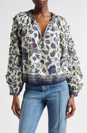 Ulla Johnson Azrou Floral Ruffle Split Neck Peasant Top in Porcelain at Nordstrom, Size 0