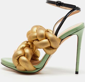 Marco De Vincenzo Gold/black Metallic Leather And Patent Leather Ankle Strap Sandals