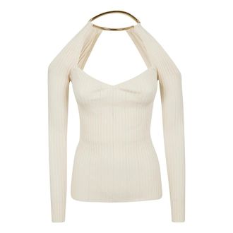 Elisabetta Franchi Long Sleeve Tops, female, White, Size: XS Knit Top with Jewel Detail