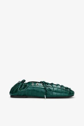 Ganni Green Lace-Up Ballerinas in Croco - Size 10 Recycled Leather