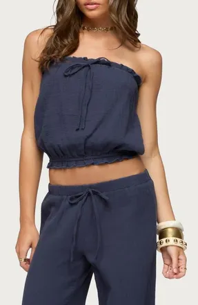 Edikted Viktoria Strapless Gauze Bubble Crop Top in Navy at Nordstrom, Size X-Large