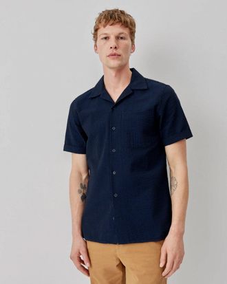 Oliver Sweeney Ravenshead Mens Cotton Seersucker Short Sleeved Shirt - Navy - Size Medium