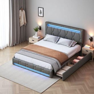 OEM Cama 140x190 Cm - Gy090 - Led Rgb Ajustable - Somier De Lamas 12 Lamas - 4 Cajones De Almacenamiento