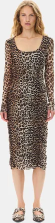 Ganni Leopard Mesh Printed Ruched Midi Dress - Size 10/12 Mixed