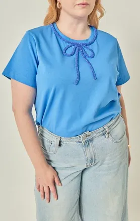 English Factory Beaded Bow Cotton T-Shirt in Blue at Nordstrom, Size 3X