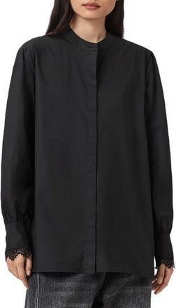 AllSaints Ethel Lace Trim Long Sleeve Woven Shirt in Black at Nordstrom Rack, Size 12 Us / 16 Uk