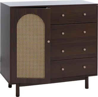 Hhg Com&ograve; Hhg-915, Armadietto Credenza, 4 Cassetti Vano Portaoggetti, Polyrattan Mdf Melamina 95x100x40cm, Color Noce