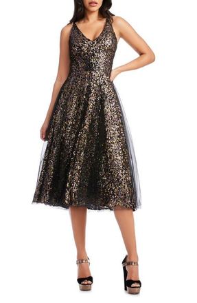 Dress The Population Courtney Sequin Midi Dress in Pewter Multi at Nordstrom, Size Xx-Small