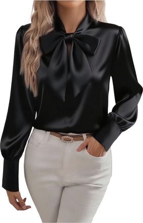 Generic Satin Blouse for Women UK Long Sleeve Tops with Bow Tie Shiny Casual Loose Fit Silk Shirts Office Work Tunic Tops Business Ladies Elegant Evening Goin