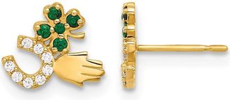 Diamond2Deal 10K Yellow Gold Green & White CZ Good Luck Stud Earrings
