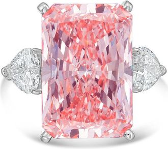 Diana M. Jewels Platinum Lab grown 5ct Fancy pink radiant diamond ring with heart diamonds on the side and micropave band