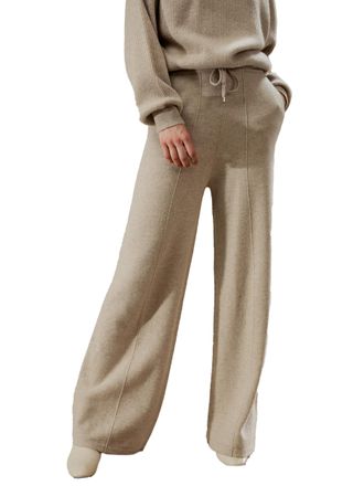 LilySilk 100% Cashmere Pants for Women Super Soft Warm Wide Leg Cashmere Knitted Trousers Elastic Waist Sweatpants Beige S