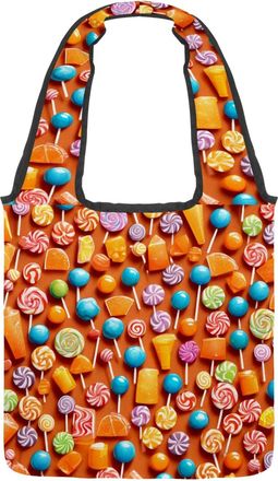 Generic Orange Candy Pattern Reversible Canvas Shoulder Tote - Double-Sided Print, 12oz Cotton, 27cm Drop, Fold-Flat Bag for Travel, Shopping, Street Outings