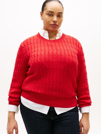 Tommy Hilfiger Rundhalspullover TOMMY HILFIGER CURVE CRV CO CABLE MID GG C-NK LS SWT, Damen, Gr. 46, primary rot, Strick, Obermaterial: 100% Baumwolle, unifarben, Ru