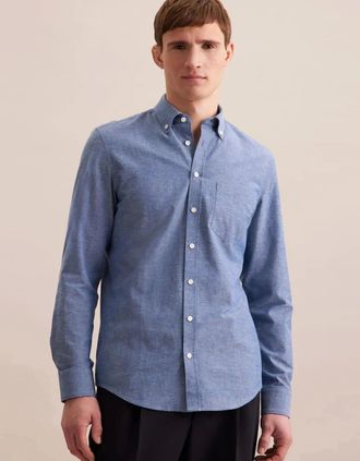 Seidensticker Seidensticker Mens Slim Fit Button Down Linen Blend Chambray Shirt Mid Blue - Size: 40/Regular