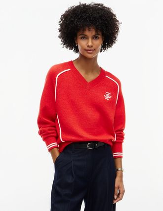 Tommy Hilfiger Womens Script Monogram V-Neck Sweater - Deep Crimson - XL
