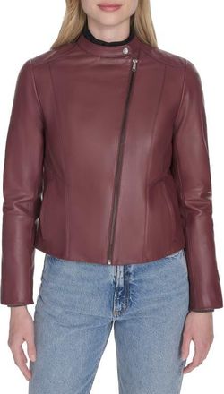 Cole Haan Band Collar Leather Moto Jacket in Burgundy at Nordstrom, Size X-Large