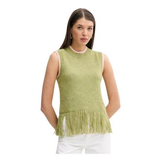 Never Fully Dressed Gebreide Vest met Franjes - Dames - Ronde hals truien - Groen - XL - Wol - Truien & Vesten