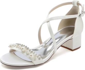 Generic Wedding Bridal Shoes Womens Open Toe Ankle Strap Chunky Heels Sandals Low Bridal Formal Prom Party Dress Shoes 4.5Cm,Ivory,6 UK
