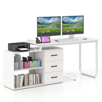 Costway Costway 140cm Reversible L Shaped Desk w/ Power Outlet Study Writing Table in White