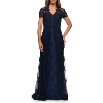 La Femme Long Lace Evening Dress with Scallop Detailing and Rhinestones in Navy at Nordstrom, Size 10