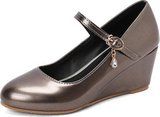 Generic Womens Mary Jane Wedge Shoes Adjustable Buckle Strap Teardrop Crystal Charm Round Toe Metallic PU Leather Non Slip Sole Comfortable Stylish Daily Shoe