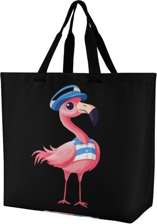 Generic Flamingo in Hat And Shirt Reusable Shopping Bags One Shoulder Grocery Tote Bag Waterproof Big Purse for Work Travel