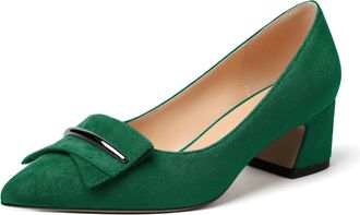 EDEFS Women Pointed Toe Block Heel Pumps Slip on Low Heels Pointed Toe Court Shoes Classic Buckle Design 2 Block Heeled Shoes Suede Green UK2