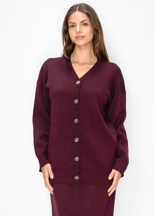 YAL New York Burgundy Button Front Cardigan with Ribbed Trim