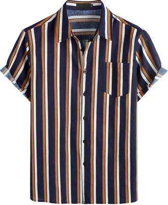 PARKLEES Mens Casual Linen Breathable Short Sleeve Button up Hawaiian Shirts Hipster 70s Hippie Tops Navy White XXX-Large