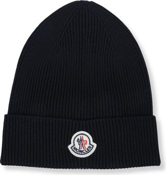 Moncler Geribbelde muts met logopatch - Heren - Accessoires - Blauw - Maat: ONE Size Zijde