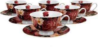OEM Juego De 6 Tazas Y Platillos Negros Con Dise&ntilde;o De Rosas Primaverales