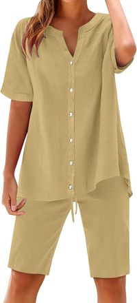 Generic Womens Solid Color Fashion Casual Cotton Linen Pocket Long Sleeve Shirt Short Jacket Suit Beach Dress (Beige, M)