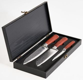 Beliani Conjunto De 3 Cuchillos De Cocina Modernos Afilados A Mano Dureza 62 Hrc Acero Inoxidable De Damasco Marr&oacute;n Kashiwa