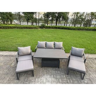 Fimous Aluminum 6-Piece Sofa Set with Lifting Table, 2 Chairs & 2 Big Stools in Dark Grey