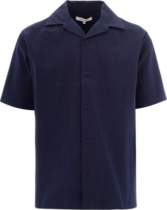 Maison Kitsun&eacute; Short-Sleeved Resort Shirt in Textured Seersucker Cotton
