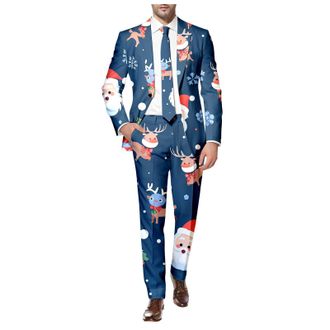 Generic Mens Christmas Suits Suit Jacket Adult Elf Costume Winter Village Men 2 Piece Print Pullover Hoodie Santa Dinner Outfits for Dress Up UK Black Blazer 